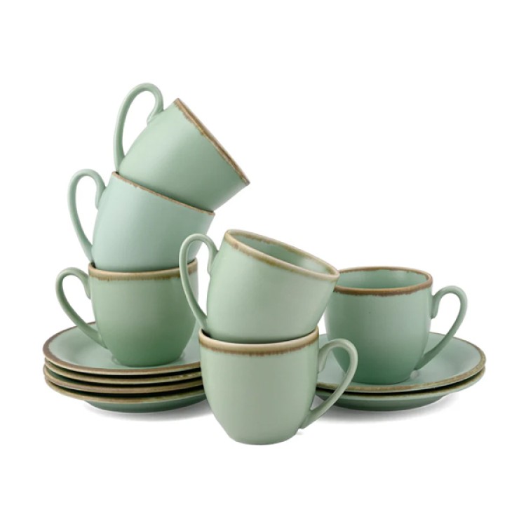 Crackled Green Matt 12 Pc Cup and Saucer Set